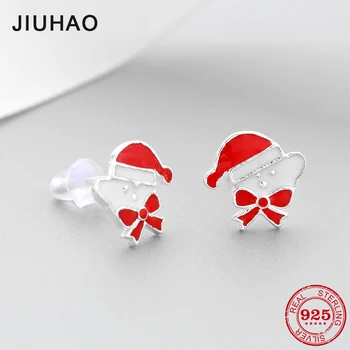 

925 Sterling Silver red enamel cute christmas hat and bowknot shape DIY fashion trend fine women Stud Earrings luxury Jewelry