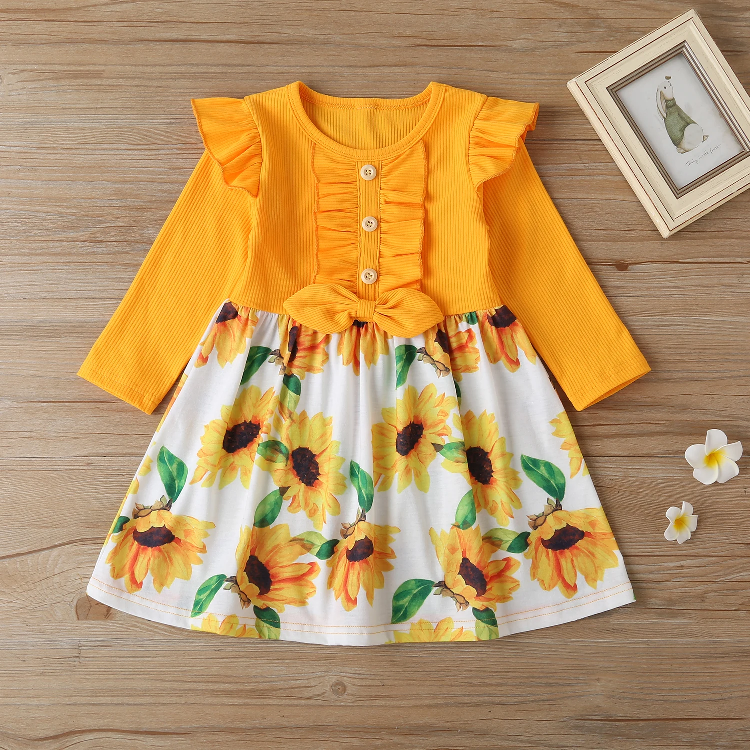 

Girls Fashion Long-sleeved Dress Casual Round Neck Sunflower Pattern Stitching Children Dress