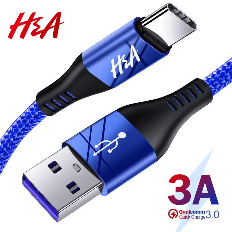 

H&A USB Type C Cable For Samsung S10 S9 S8 Fast Charge Type-C Mobile Phone Charging Data Cable for Huawei P30 Pro USB C Cable