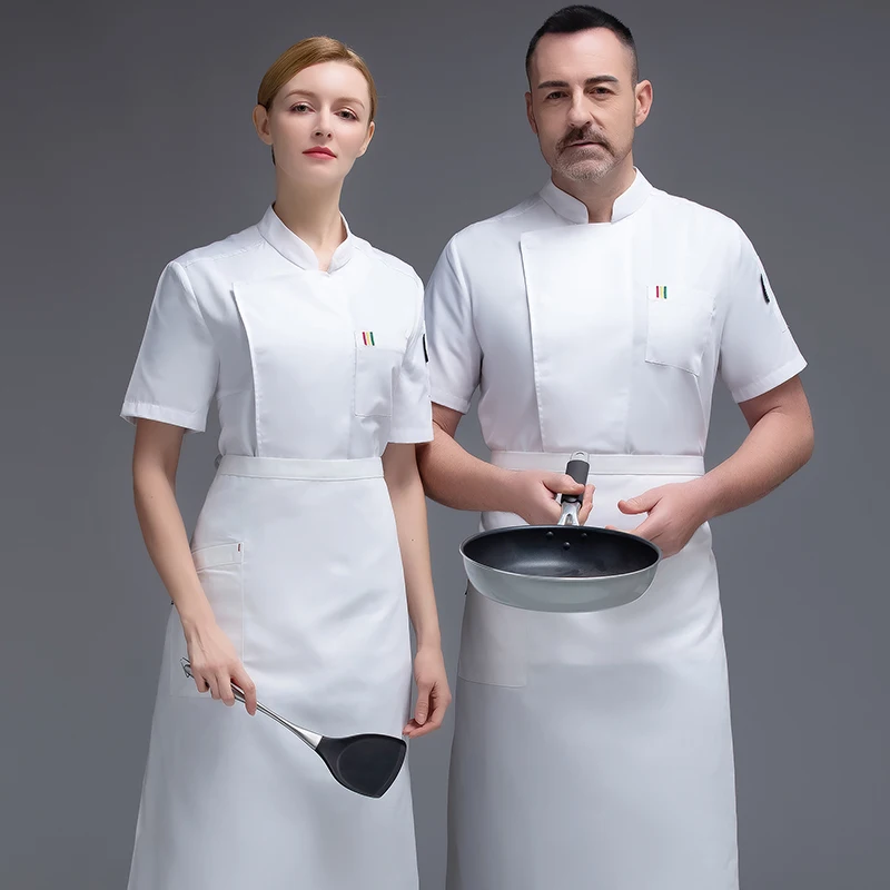 

Three-color Chef Uniform Short-sleeved Combed Cotton Hotel Overalls High-quality Stand-up Collar Top Hotel Staff Uniforms