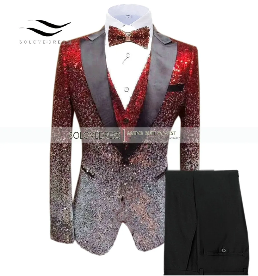 Solovedress мужской костюм, расшитый пайетками модный градиентный цвет вечерние смокинги для сцены с пиковым отворотом 3 штуки винтажный Блестящий бордовый фрак