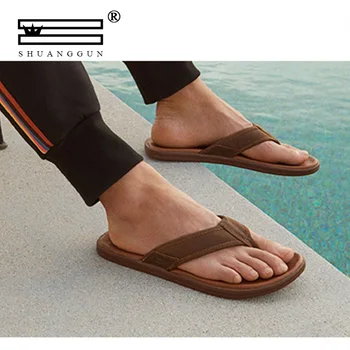 

Summer men's Leather Flip Flops high quality comfortable beach sandals men's EVA sole slippers casual shoes