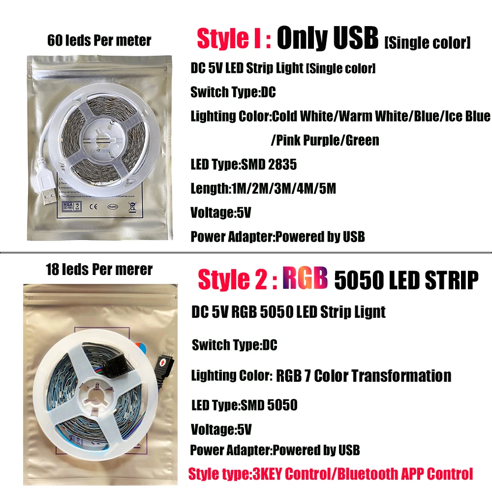 Bluetooth Control RGB 5050 2835 LED Lights Strip USB 5V Flexible Lamp Tape Diode Festival Fita White Tira Luces TV PC Desk Luz