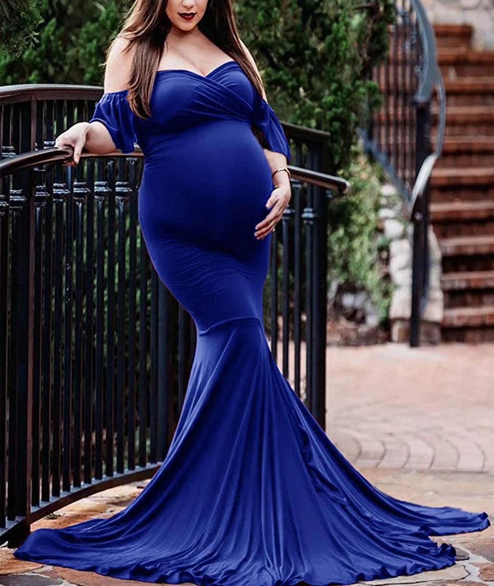Shoulderless Maternity Dresses For Photo Shoot Sexy Ruffles Sleeve Pregnancy Dress New Maxi Gown Pregnant Women Photography Prop (14)