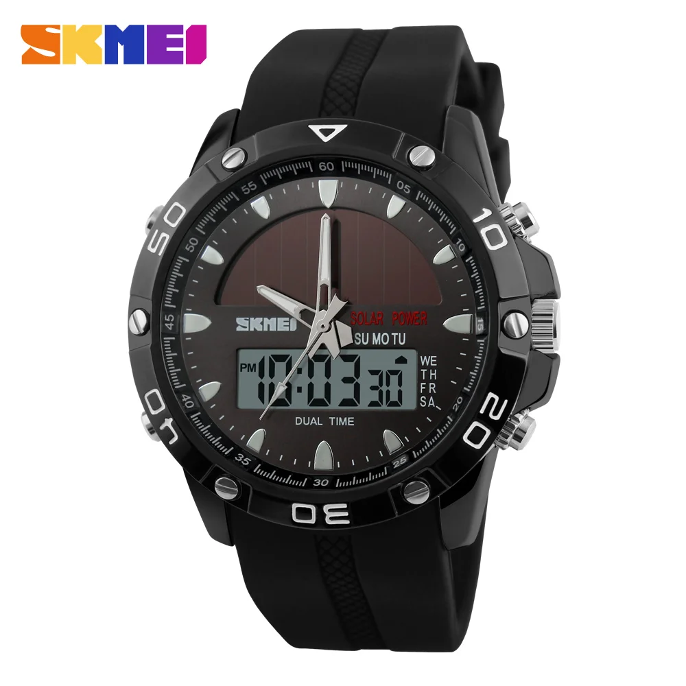 

SKMEI Solar Dual Display Wristwatches Sport Watch Chronograph Alarm 50M Waterproof Complete Calendar Quartz Wristwatches 1064