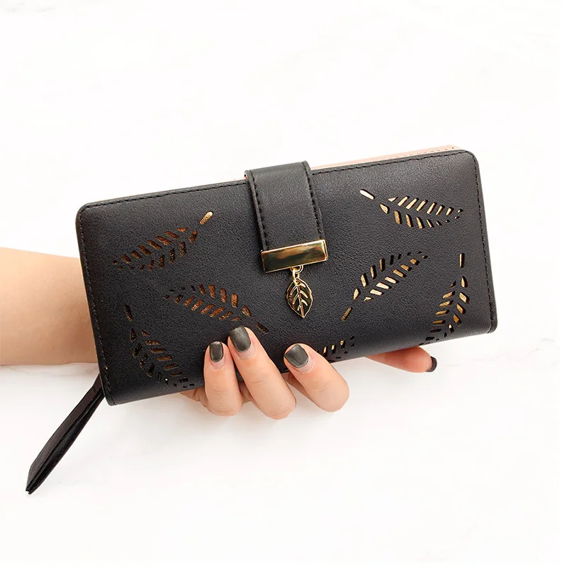 

High Quality New Women's Wallet's Hollow Leaf Female Clutch Bag's Fashion Long Card Wallet PU Mobile Phone Bag Purses For Women