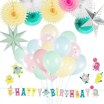 

16pcs Monster Birthday Decoration Pink Mint Yellow Paper Fans Latex Balloons Kids Birthday Party Deco Set
