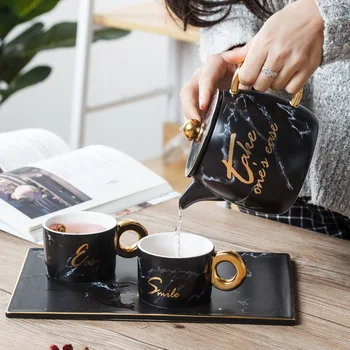 

New Gold Painted English Marble Ceramic Cup And Pot Set Creative Coffee Cup Set High Grade Home Water Supply