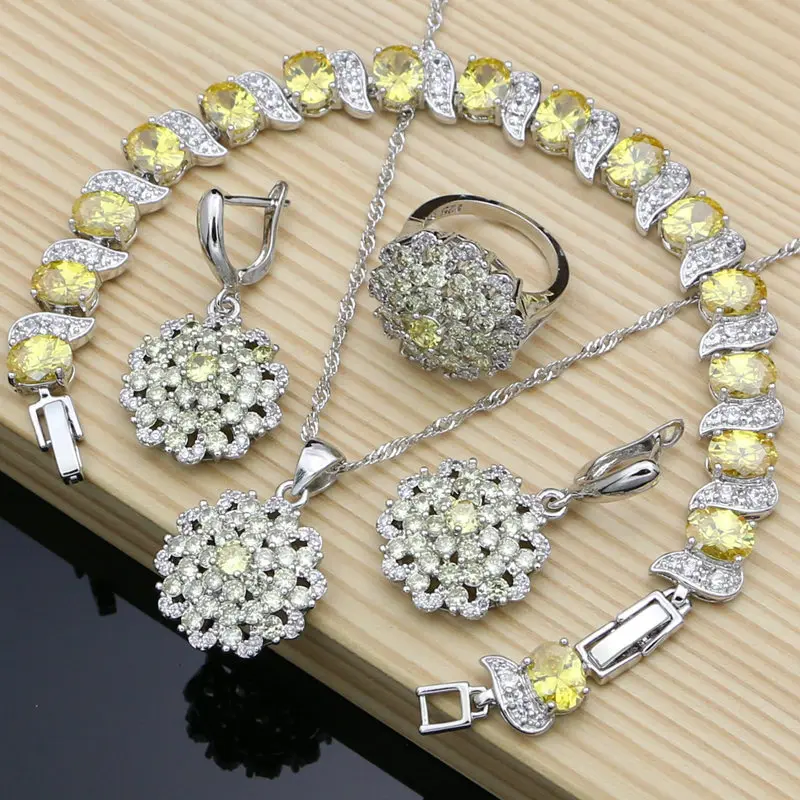 4 PCS Новая мода 925 пробы серебряные Ювелирные наборы круглые желтые CZ для женщин Свадебные серьги кольца ожерелье набор ювелирных изделий Прямая поставка - Окраска металла: 4 PCS