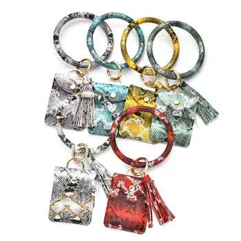 

Trendy Snakeskin Pattern Keychain Card Bag For Women Men Multi-color Wallet PU Leather Tassel Kabaw Bracelet Keychain Jewelry