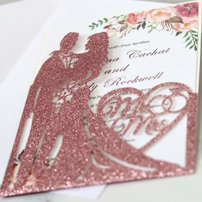 10pcs/set Glitter Laser Cut Mr& Mrs Wedding Invitations Card Party Supplies R9CA