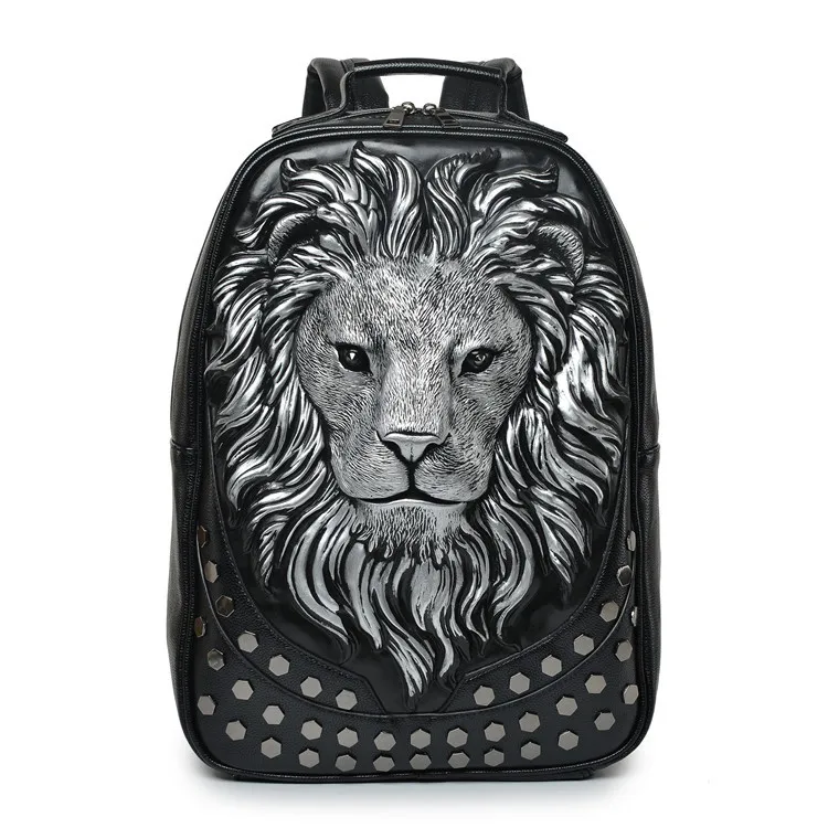 Мужской рюкзак с объемной рельефной головой льва, заклепками и заклепками, женский кожаный мягкий рюкзак для путешествий в стиле панк-рок, школьный рюкзак для ноутбука, сумка для Хэллоуина - Цвет: 1616
