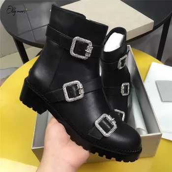 

OllyMurs New Black Genuine Leather Women Motorcycle Boots Crystal Buckle Thick Low Heel Women Autumn Winter Boots Shoes Women