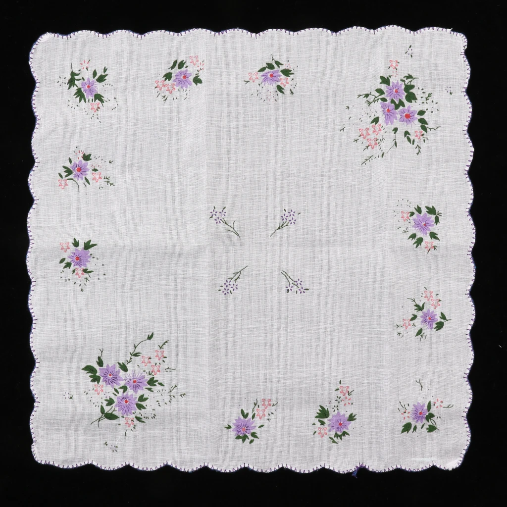 3 Pack Flower Embroidered Handkerchief Women 100% Cotton Square Pocket Hanky Girls Cute Wavy Edge Kerchiefs Hankie
