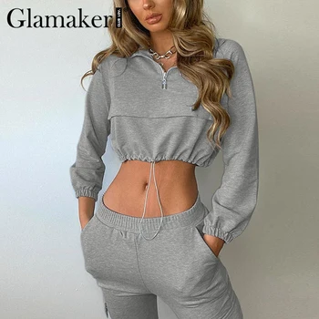 

Glamaker Gray casual long sleeve two piece suit Women crop top and pants suit sets Female autumn drawstring female sportwear