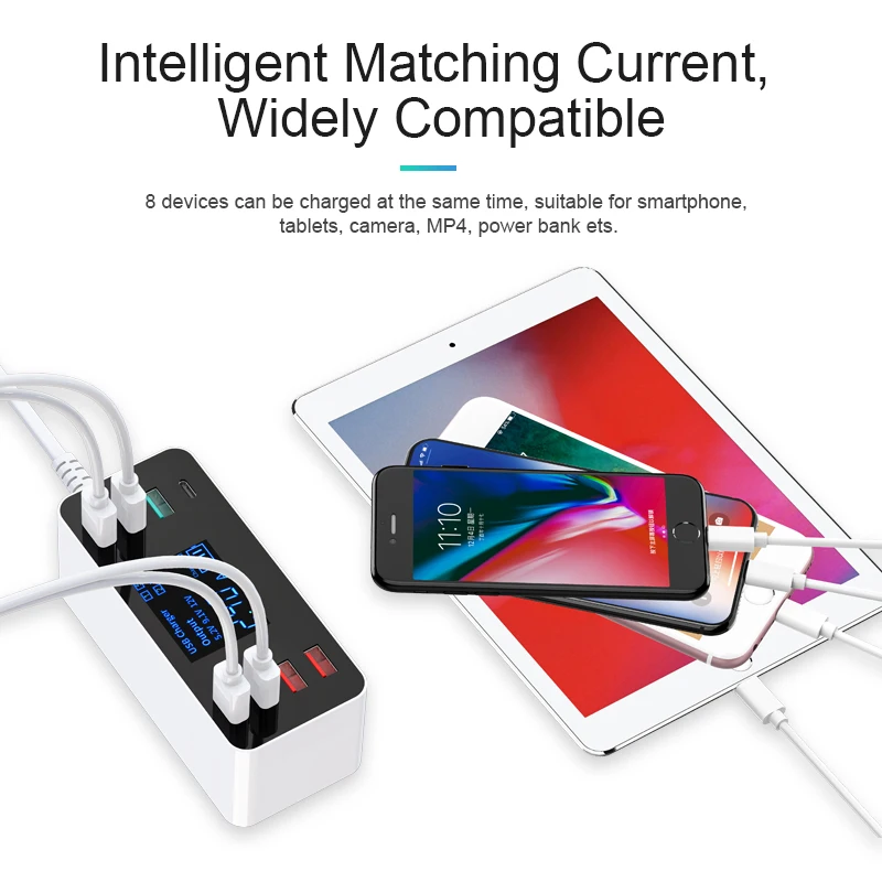 GOOJODOQ 8 Port USB Type C Charger Smart LED Display Quick Charge 3.0 USB Fast Charging Adapter 40W with Smart IC Travel Charger