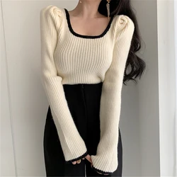 Retalhos de malha fino blusas femininas solto puff manga longa retro pescoço quadrado camisola feminina doce loungewear base