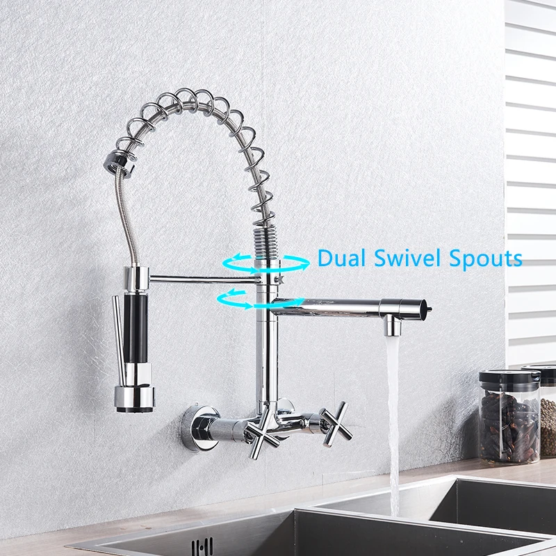 Chrome Spring Kitchen Faucet 360 Rotation Pull Down Hand Sprayer with Buckle Kitchen Taps Wall Mounted Cold Hot Water Mixer Taps