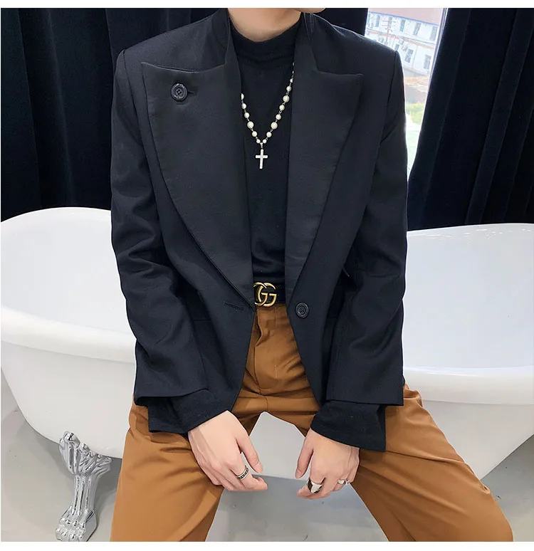 Men Asymmetry Collar Loose Casual Single Button Suit Jacket Male Japan Streetwear Vintage Fashion Short Blazer Coat Outerwear