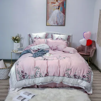 

American-Style 60 Double-Sided Tencel Pastoral Style Embroidered Four-piece Set Simple Cute Pink Summer Bare Sleeping Sheet Quil