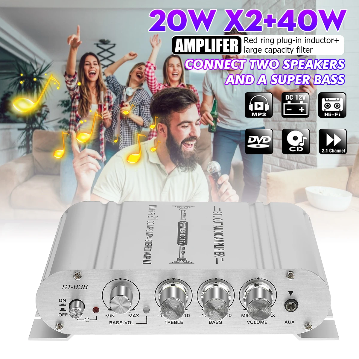 12V3A de alimentación + Cable de Audio ST-838 MINI Digital de alta fidelidad coche amplificador de potencia 2.1CH 40W 2x20W Digital Subwoofer estéreo bajos de Audio Player ► Foto 2/6