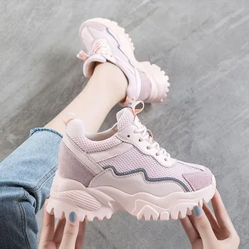 

Yiluan Genuine Leather Women's Platform Sneakers increased 8CM 2020 Fashion Women Mesh Breathable Chunky Shoes Ladies Trainers