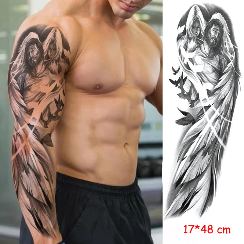 

Waterproof Temporary Tattoo Sticker Full Arm Large Jesus Feather Tatoo Stickers Flash Fake Tattoos for Men Women