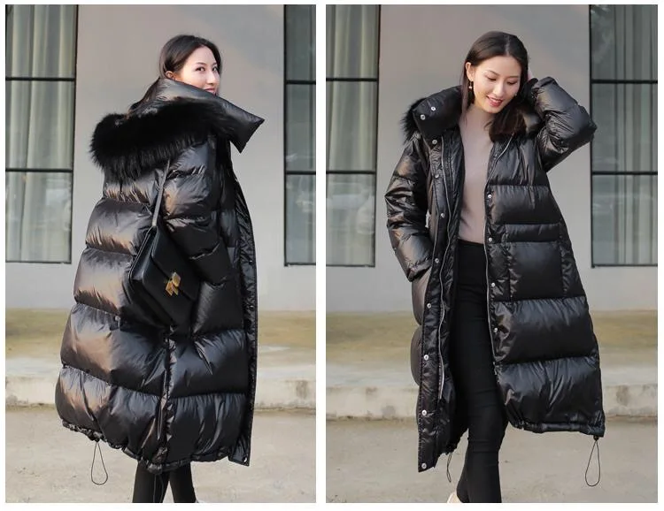 Vangull/черная блестящая женская зимняя куртка с большим меховым воротником, зимнее пальто, женская длинная пуховая парка, женские парки с капюшоном, теплые хлопковые куртки