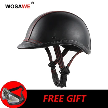 

WOSAWE Motorcycle Helmet Half Face PU Leather Rider Head Protection Hard Hat German Chopper Military Tactical Helmet 52~58cm