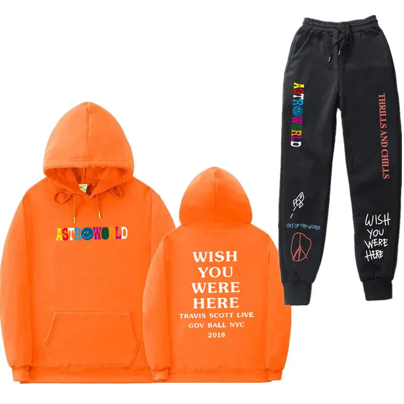 Трэвиса Скотта ASTROWORLD WISH YOU WAS HERE толстовки наборы уличная флисовая толстовка спортивные штаны Мужские Женские худи и брюки S-3XL - Цвет: Orange MS65WK0