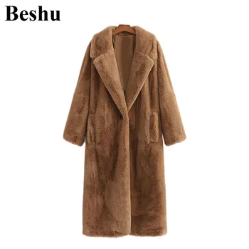 

za 2020 fashion faux fur coats women khaki faux rabbit fur big lapel one button long section coats pockets warm elegant outwears