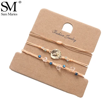 

Boho Beads Crystal Metal Tag Charms Bracelets Set Adjustable Rope Chain Multilayer Knot Bangle For Women Kids Gift 3Pcs
