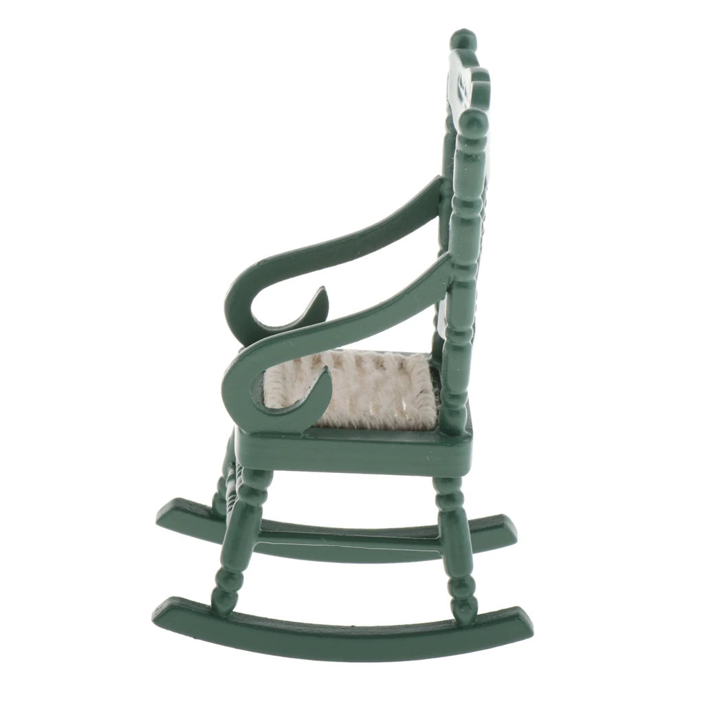 Dollhouse Wooden Chair with Plush Cushion, 1:12 Miniature Green Rocking Chair Model