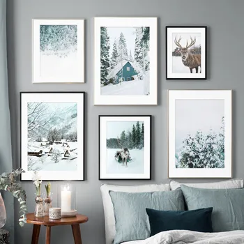 

Snow scene winter Alps pine forest reindeer ice mountain pine tree wall art canvas painting Nordic posters and prints murals liv