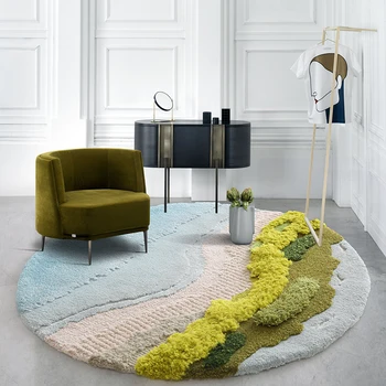 

Nordic style Oasis patten 3D pattern handmade 60% wool area rug, pastoral style round shaped decoration abstract art carpet