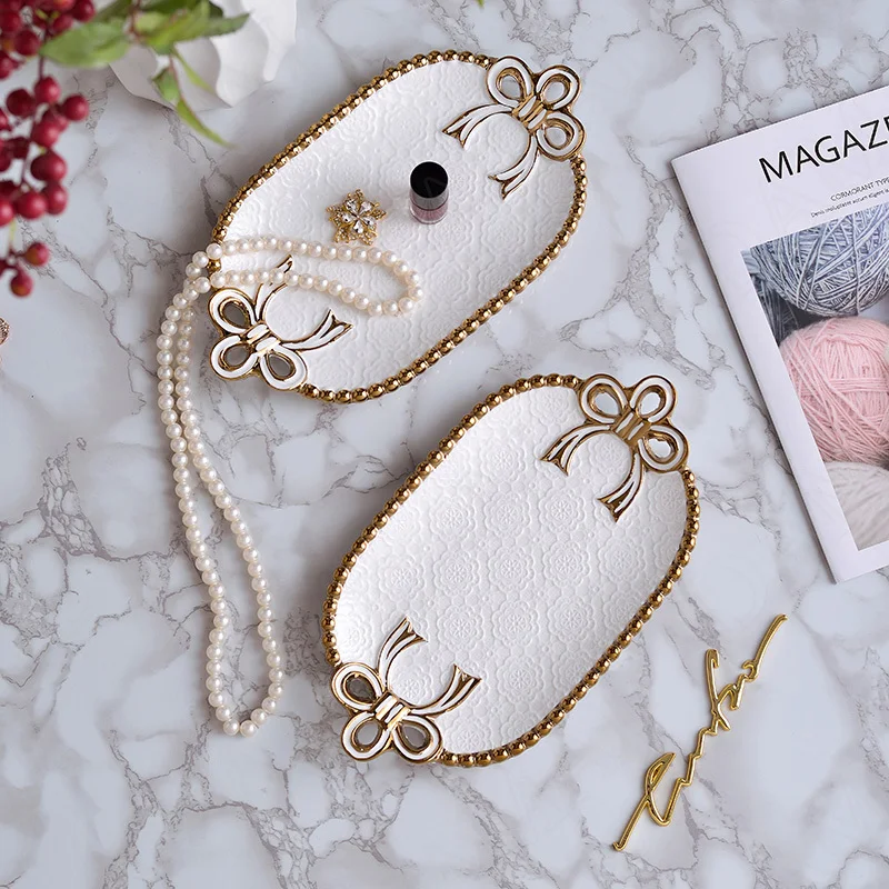 

European Ceramic Storage Tray Gold Beads Bow Decor Bedroom Cosmetic Container Afternoon Tea Dessert Organizer Home Decoration