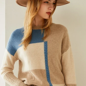 

Tailor Shop Custom Made Half-high Round Neck Cashmere Women's Sweater with Check Cashmere Knitted Bottoming Shirt