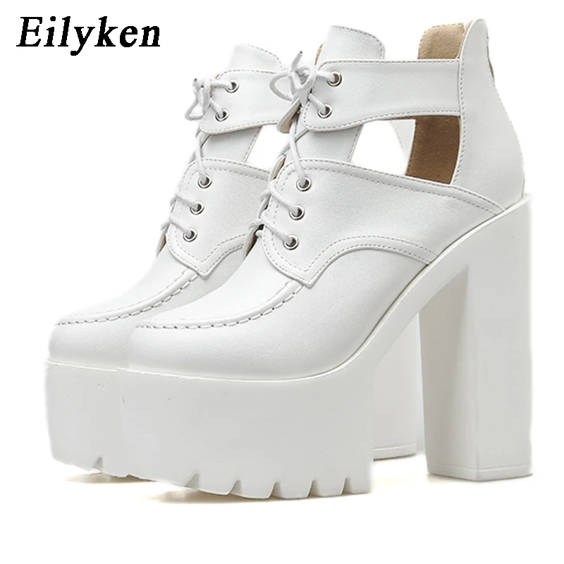 

Eilyken Fashion Black Boots Women Heel Spring Autumn Lace-up Zip Soft Leather Platform Shoes Woman Party Ankle Boots High Heels