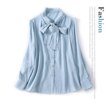 

New style neckline fringe tie bow solid color long sleeve 30mm heavyweight silk shirt top