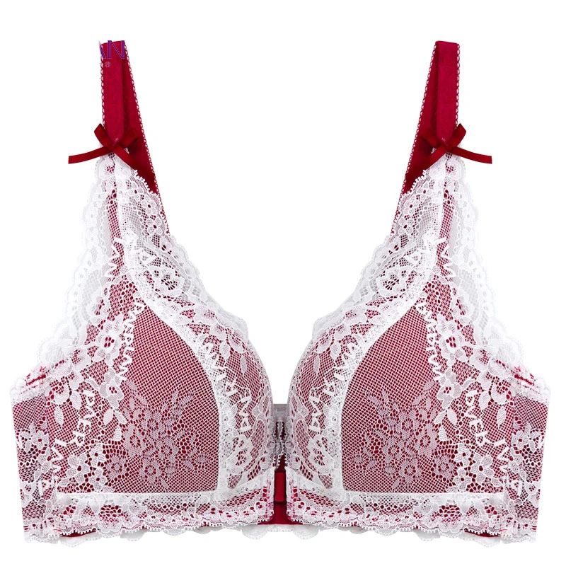 E lovegirl Sexy Small Chest Gathered Upright Cotton Pure Red Underwear Without Steel Ring Front Buckle Thin Lace Female Bra | Женская