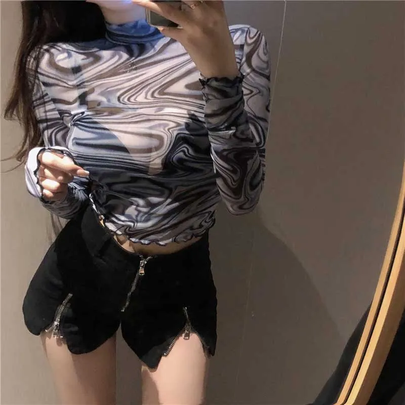 One-Piece Designer Stripe Print T Shirt 2020 Summer Women New Long Sleeve Turtle Neck Tops Korean Sexy Slim Lady T Shirt