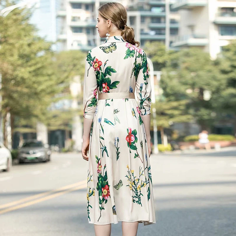 SEQINYY Beige Dress Summer Spring New Fashion Design Half Sleeve Flowers Printed Midi A-line Dress Belt