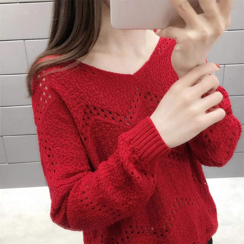 Jaycosin Fashion Women Casual Simple Long Sleeve Knitting V-Neck Sweater Stylish Comfortable Bottoming Hollowed Out Sweater