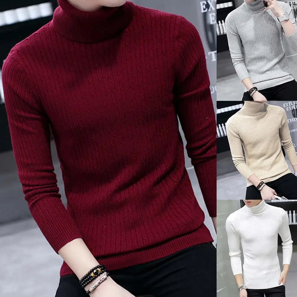 

Hot Casual Men Thicken Warm Turtleneck Solid Color Long Sleeve Knitted Sweater Top Sliming Cotton/ Spandex Men's Sweater Size M-
