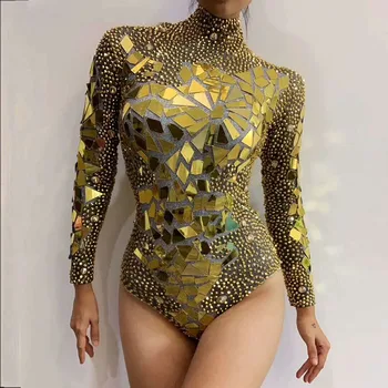 

Gold Rhinestone Mirrors Celebrate Birthday Outfit Women's Bodysuit DS Bar Singer Dancer Shiny Performance Sexy Stretch Outfit