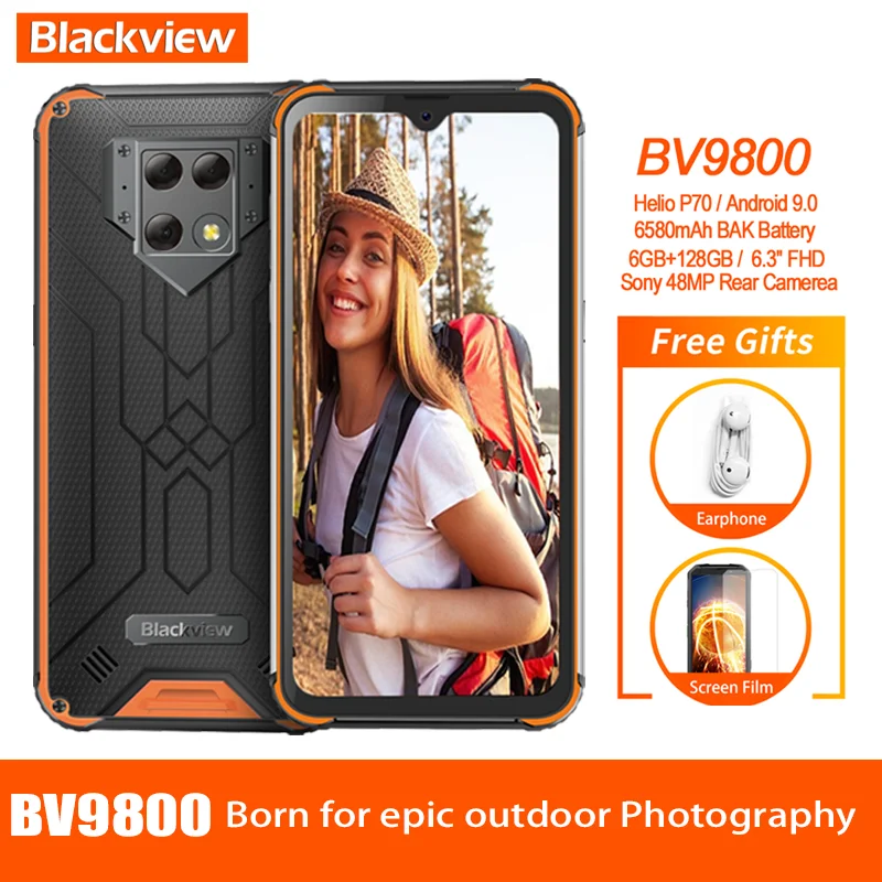 Blackview BV9800 IP68 Waterproof Rugged Smartphone Helio P70 Android 9 6GB+128GB 48MP Rear Camera 6580mAh 6.3" FHD Mobile Phone |