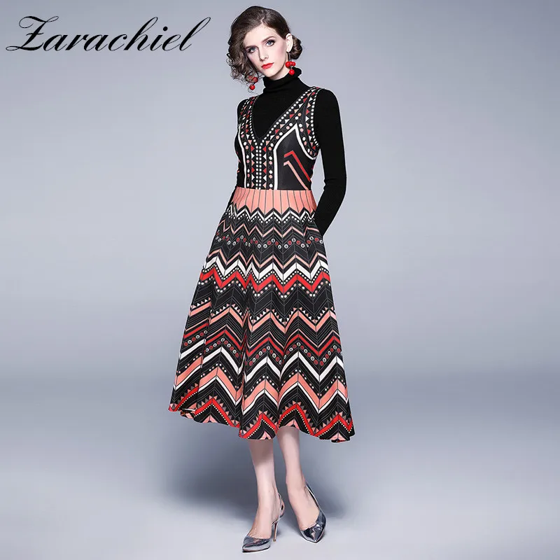 2 piece set Вязаный черный свитер с высоким воротом и v-образным вырезом, платье миди с геометрическим принтом, осенне-зимний женский комплект из 2 предметов, платье-комбинезон - Цвет: 2 piece set