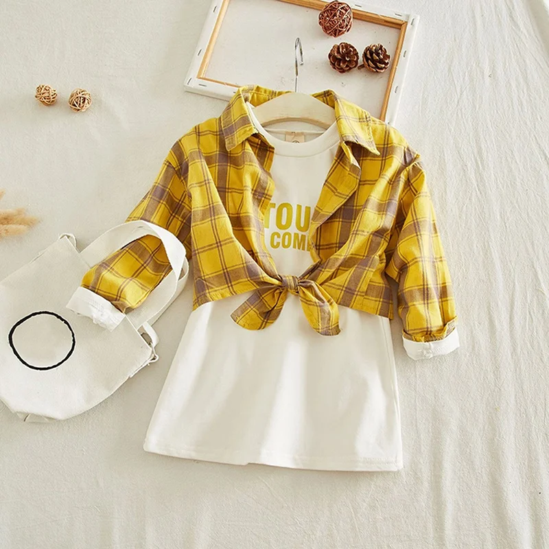 

Children Girl Set 1-5Y Girls' Two-piece Suit Plaid Cardigan Long Sleeve Coat Solid Color Long-sleeved Dress 2020E