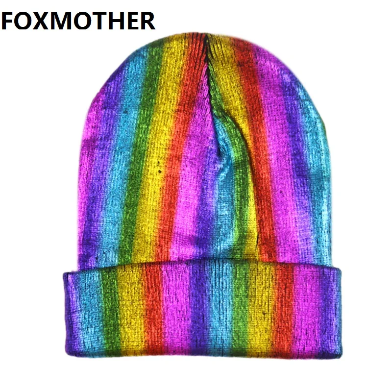 FOXMOTHER/Модная блестящая зимняя Радужная шляпа, уличная вязаная теплая Лыжная шапка с черепом, Шапка-бини для женщин и мужчин - Цвет: Rainbow