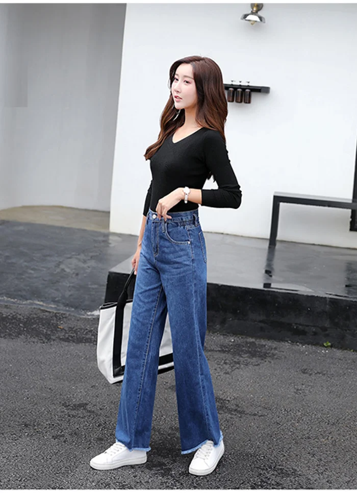 Loose Denim Blue Jeans Women Wide Leg Pant Female Long Trousers High Waist Chic Female Pants Mom Jeans Korean Style Stretch
